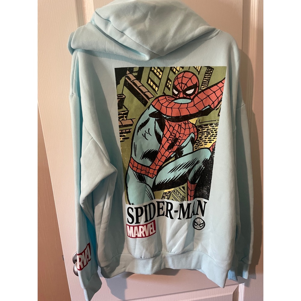 Marvel Spider-Man Hoodie Light Blue Graphic Fleece Sweatshirt Mens Large NEW